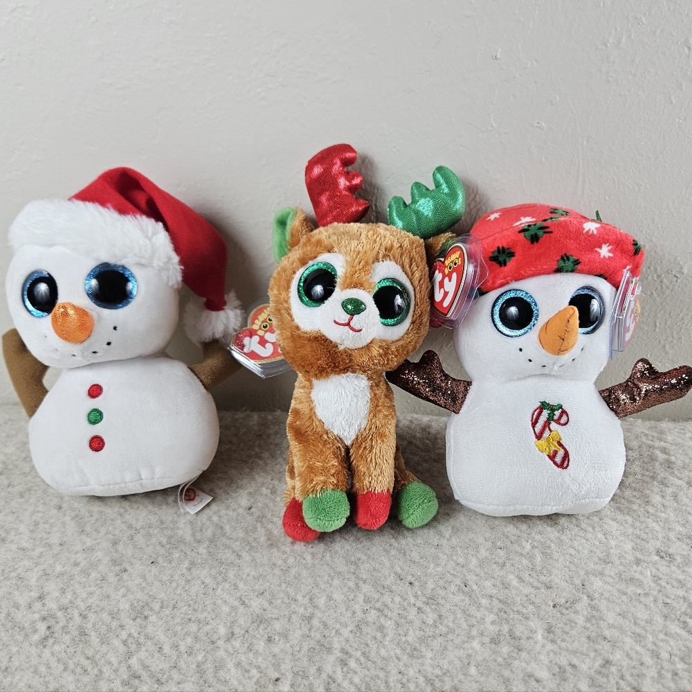 TY Beanie Boos SCOOP BRRRNIE TINSELTOES Set of 3 Snowman Reindeer Christmas 6"